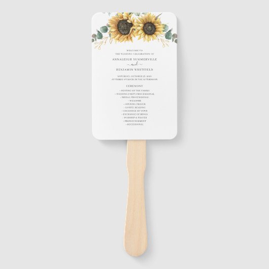 Floral Sunflower Eucalyptus Leaves Wedding Program Handwaaier (Voorkant)