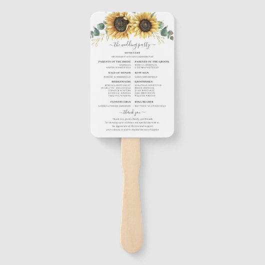 Floral Sunflower Eucalyptus Leaves Wedding Program Handwaaier (Achterkant)