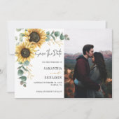 Floral Sunflower Eucalyptus Photo Weddenschap Save The Date (Voorkant)