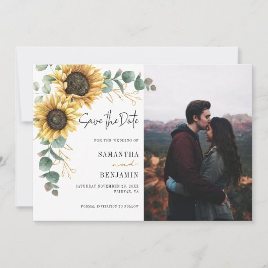Floral Sunflower Eucalyptus Photo Weddenschap Save The Date (Voorkant)