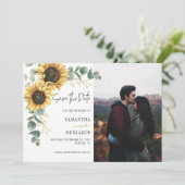 Floral Sunflower Eucalyptus Photo Weddenschap Save The Date (Staand voorkant)