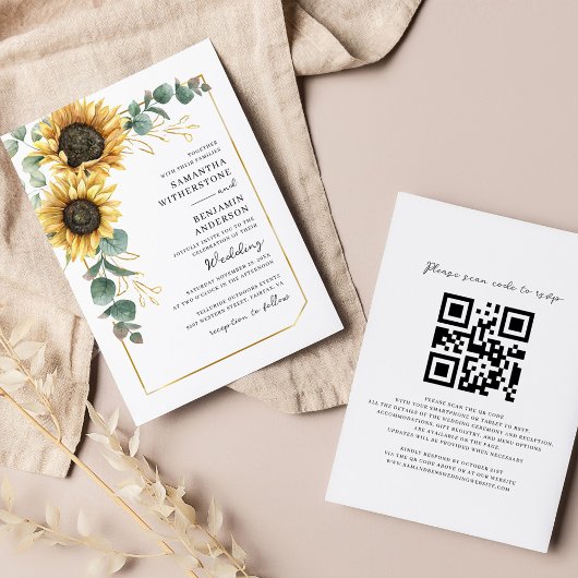 Floral Sunflower Eucalyptus QR Code Weddenschap Kaart