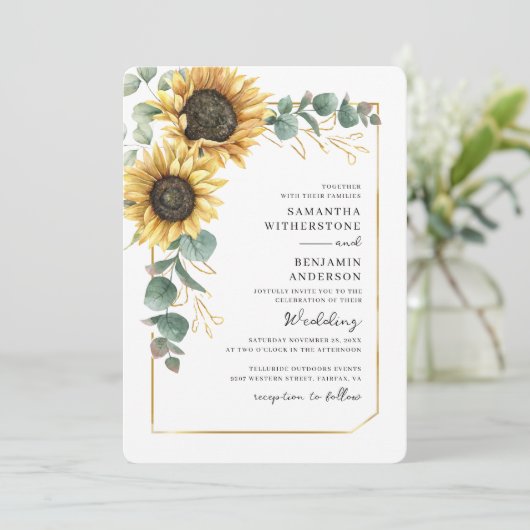 Floral Sunflower Eucalyptus QR Code Wedding Kaart (Staand voorkant)
