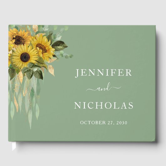 Floral Sunflower Eucalyptus Sage Green Wedding Gastenboek (Voorkant)