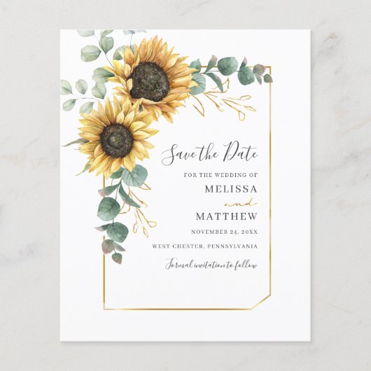 Floral Sunflower Eucalyptus Save the Date Budget (Voorkant)