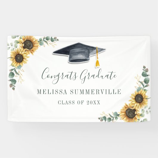 Floral Sunflower Eucalyptus Script Afstuderen Spandoek (Horizontaal)