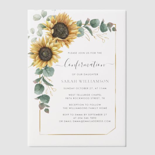 Floral Sunflower Eucalyptus Script Bevestiging Vellum Uitnodigingen (Voorkant)
