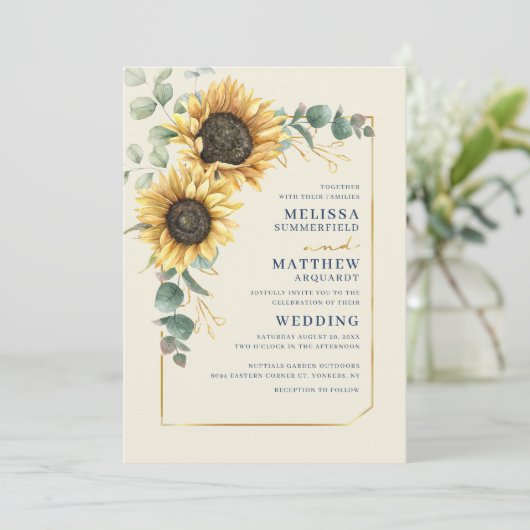 Floral Sunflower Eucalyptus Script Weddenschap Kaart (Staand voorkant)