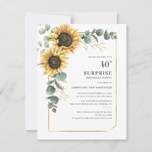 Floral Sunflower Eucalyptus Surprise 40th Birthday Kaart (Voorkant)