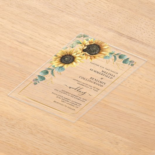 Floral Sunflower Eucalyptus Weddenschap Acryl Uitnodigingen (Laagn)