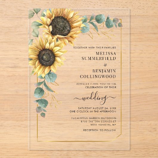 Floral Sunflower Eucalyptus Weddenschap Acryl Uitnodigingen (Voorkant)