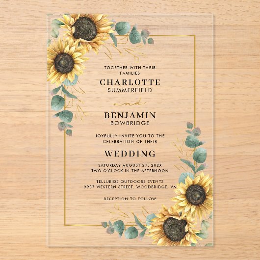 Floral Sunflower Eucalyptus Weddenschap Acryl Uitnodigingen (Voorkant)