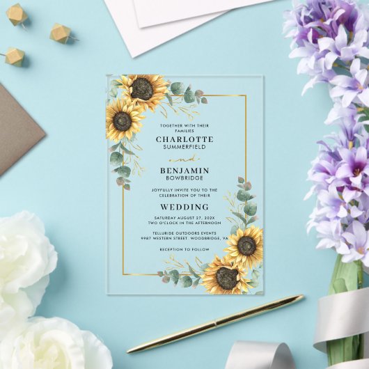 Floral Sunflower Eucalyptus Weddenschap Acryl Uitnodigingen
