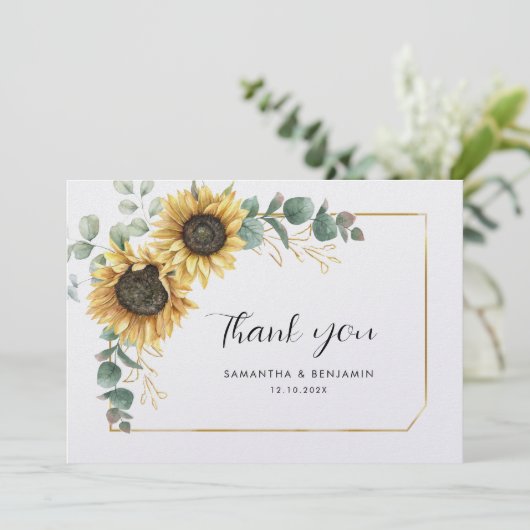 Floral Sunflower Eucalyptus Weddenschap Bedankkaart (Staand voorkant)