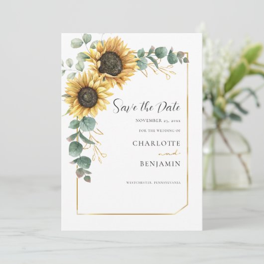 Floral Sunflower Eucalyptus Weddenschap Save The Date (Staand voorkant)