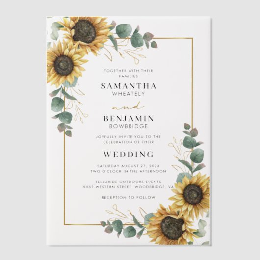 Floral Sunflower Eucalyptus Weddenschap Vellum Uitnodigingen (Voorkant)