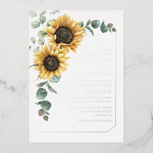 Floral Sunflower Eucalyptus Wedding Silver Folie Uitnodiging (Voorkant)