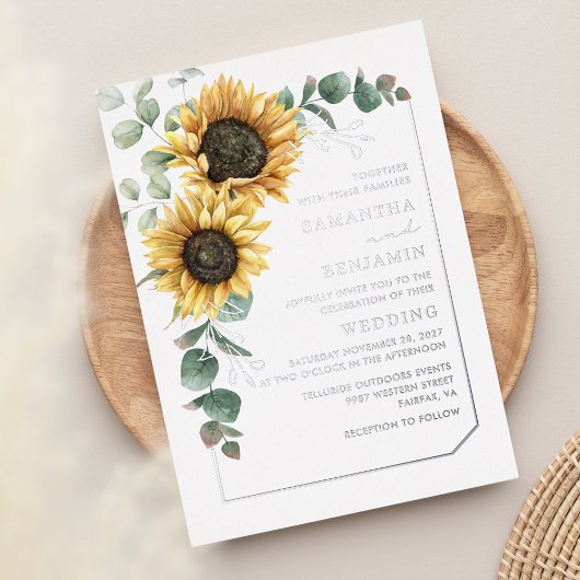 Floral Sunflower Eucalyptus Wedding Silver Folie Uitnodiging