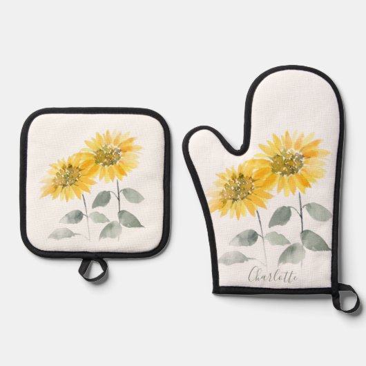 Floral Sunflower gepersonaliseerd script Ovenwant & Pannenlap Set (Voorkant)