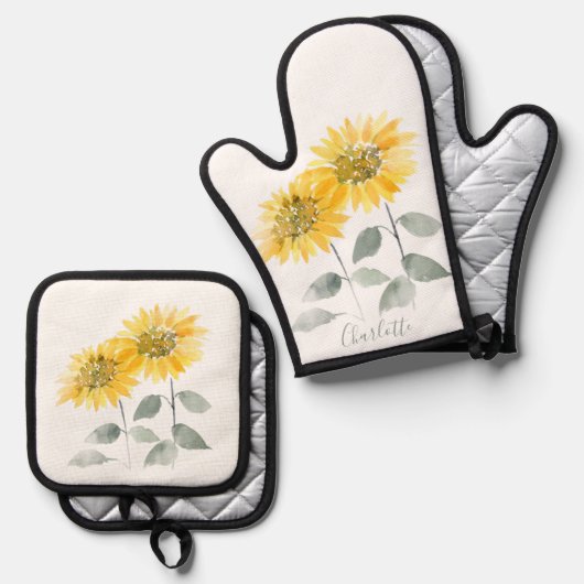 Floral Sunflower gepersonaliseerd script Ovenwant & Pannenlap Set (Voorkant / Achterkant)