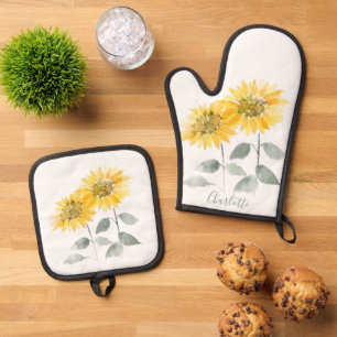 Floral Sunflower gepersonaliseerd script Ovenwant & Pannenlap Set