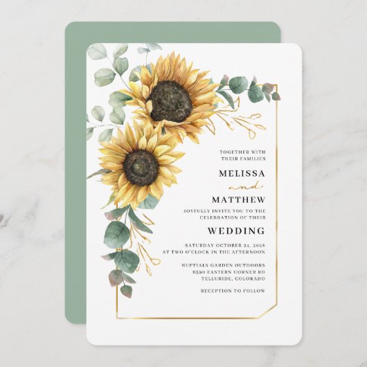 Floral Sunflower Greenery Elegant Wedding Kaart (Voorkant / Achterkant)