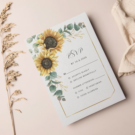 Floral Sunflower Greenery Geometric Wedding RSVP Kaartje