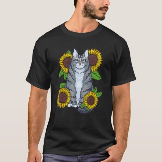 Floral Sunflower Mainecoon Cat T-shirt (Voorkant)
