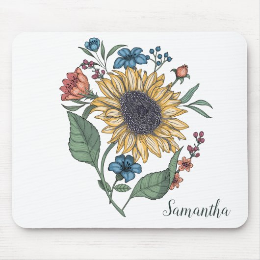 Floral Sunflower Monogram Name Muismat (Voorkant)