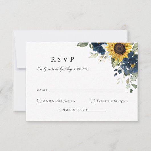 Floral Sunflower Navy Blue Wedding RSVP Kaart (Voorkant)