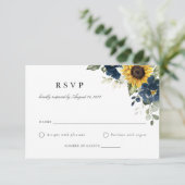 Floral Sunflower Navy Blue Wedding RSVP Kaart (Staand voorkant)
