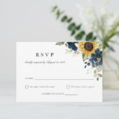 Floral Sunflower Navy Blue Wedding RSVP Kaart (Staand voorkant)