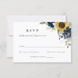 Floral Sunflower Navy Blue Wedding RSVP Kaart
