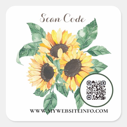 Floral Sunflower QR Code Business Square Sticker (Voorkant)
