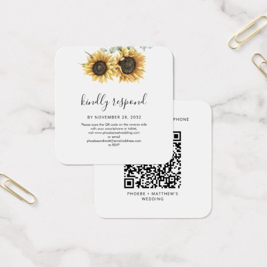 Floral Sunflower QR Code Weddenschap Website RSVP Vierkante Visitekaartjes (Kantoor)