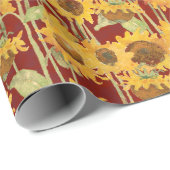 Floral Sunflower Waterverf Geel op rood Cadeaupapier (Rol Hoek)