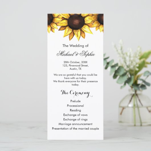 Floral Sunflower Wedding Programme Yellow White Ka (Staand voorkant)