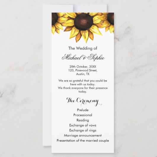 Floral Sunflower Wedding Programme Yellow White Ka (Voorkant)