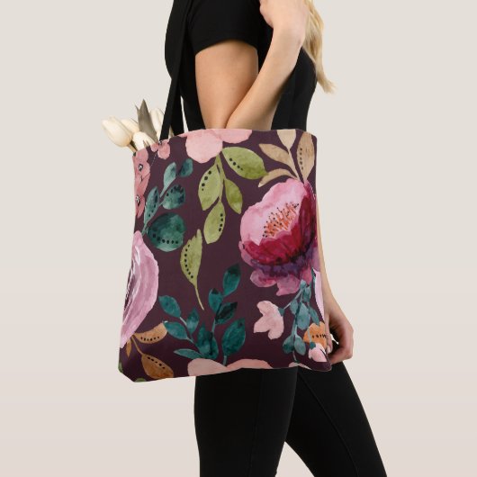 Floral Surface Pattern-Mode Waterverf Kleurrijk Tote Bag (Dichtbij)