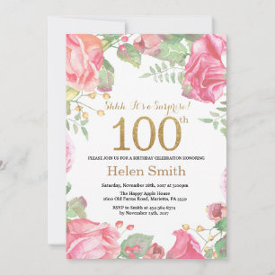 Floral Surprise 100th Birthday Gold Glitter Kaart