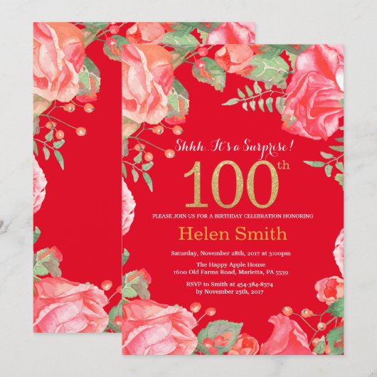 Floral Surprise 100th Birthday Gold Glitter Red Kaart (Voorkant / Achterkant)