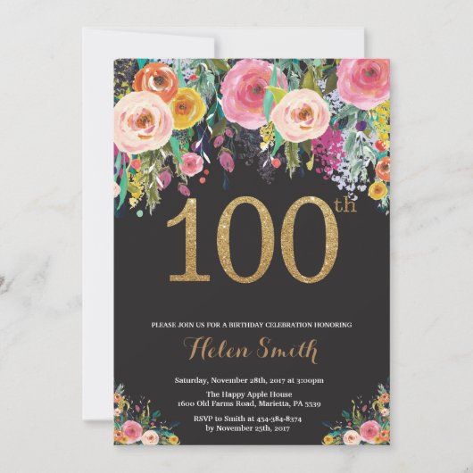 Floral Surprise 100th Birthday Invitation Gold Kaart (Voorkant)