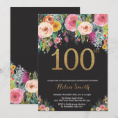 Floral Surprise 100th Birthday Invitation Gold Kaart (Voorkant / Achterkant)