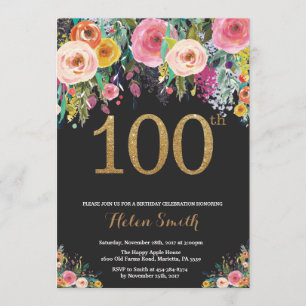 Floral Surprise 100th Birthday Invitation Gold Kaart