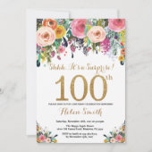 Floral Surprise 100th Birthday Invitation Gold Kaart (Voorkant)