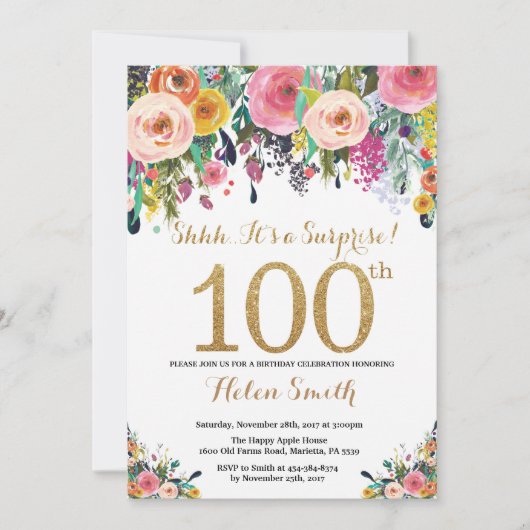Floral Surprise 100th Birthday Invitation Gold Kaart (Voorkant)