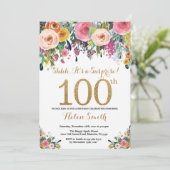 Floral Surprise 100th Birthday Invitation Gold Kaart (Staand voorkant)