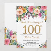Floral Surprise 100th Birthday Invitation Gold Kaart (Voorkant / Achterkant)