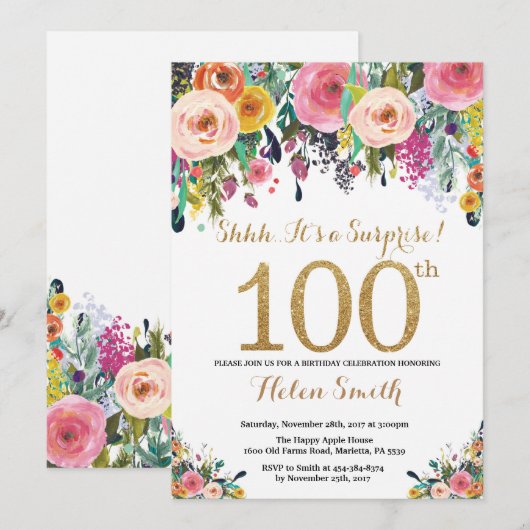 Floral Surprise 100th Birthday Invitation Gold Kaart (Voorkant / Achterkant)