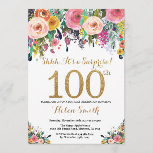Floral Surprise 100th Birthday Invitation Gold Kaart